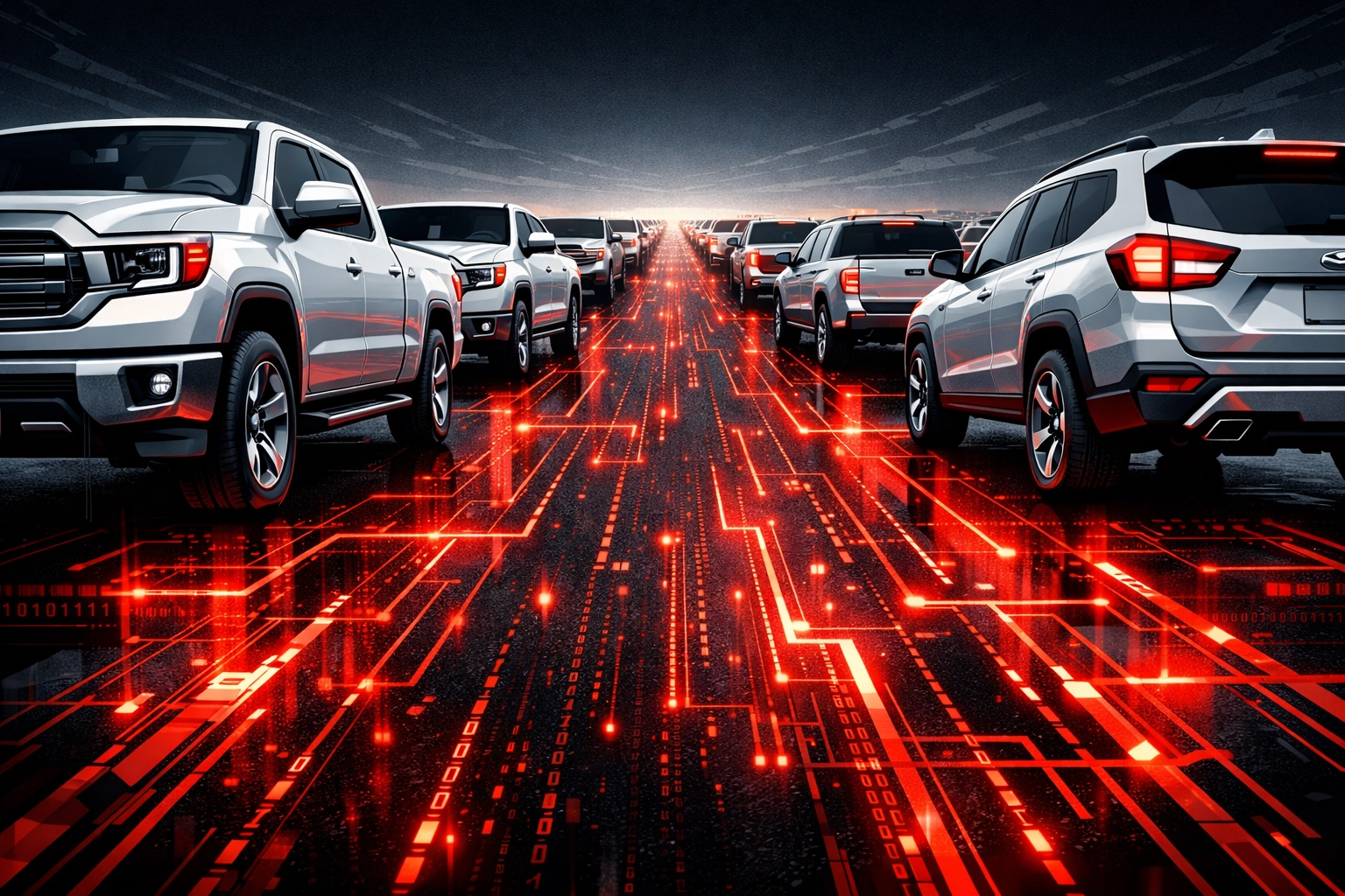 A vast fleet of Ford trucks and SUVs connected by a digital software network representing the massive vehicle recall.