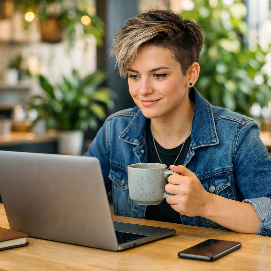 A young adult comparing personal loan rates on a laptop in a bright cafe for an online application.