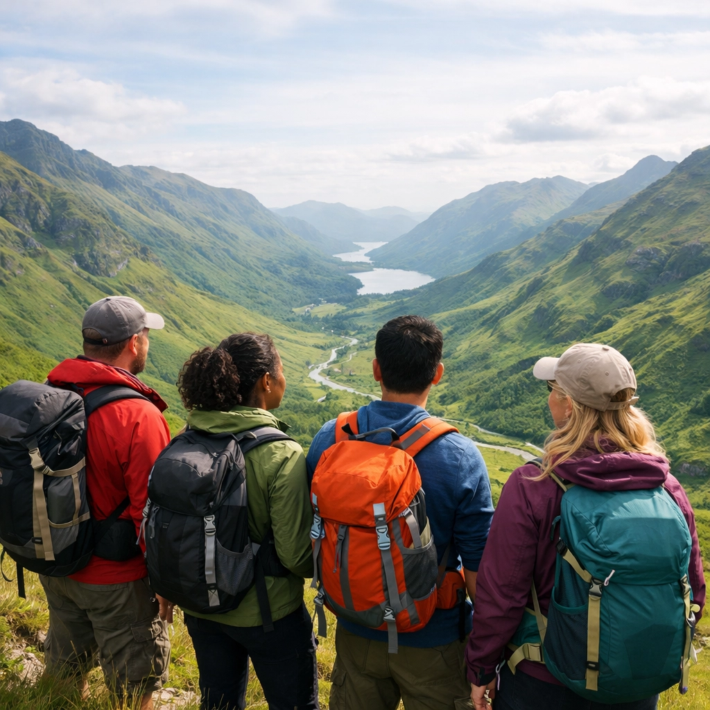 A diverse group of hikers overlooking a valley in the Scottish Highlands on a guided hiking tour UK.