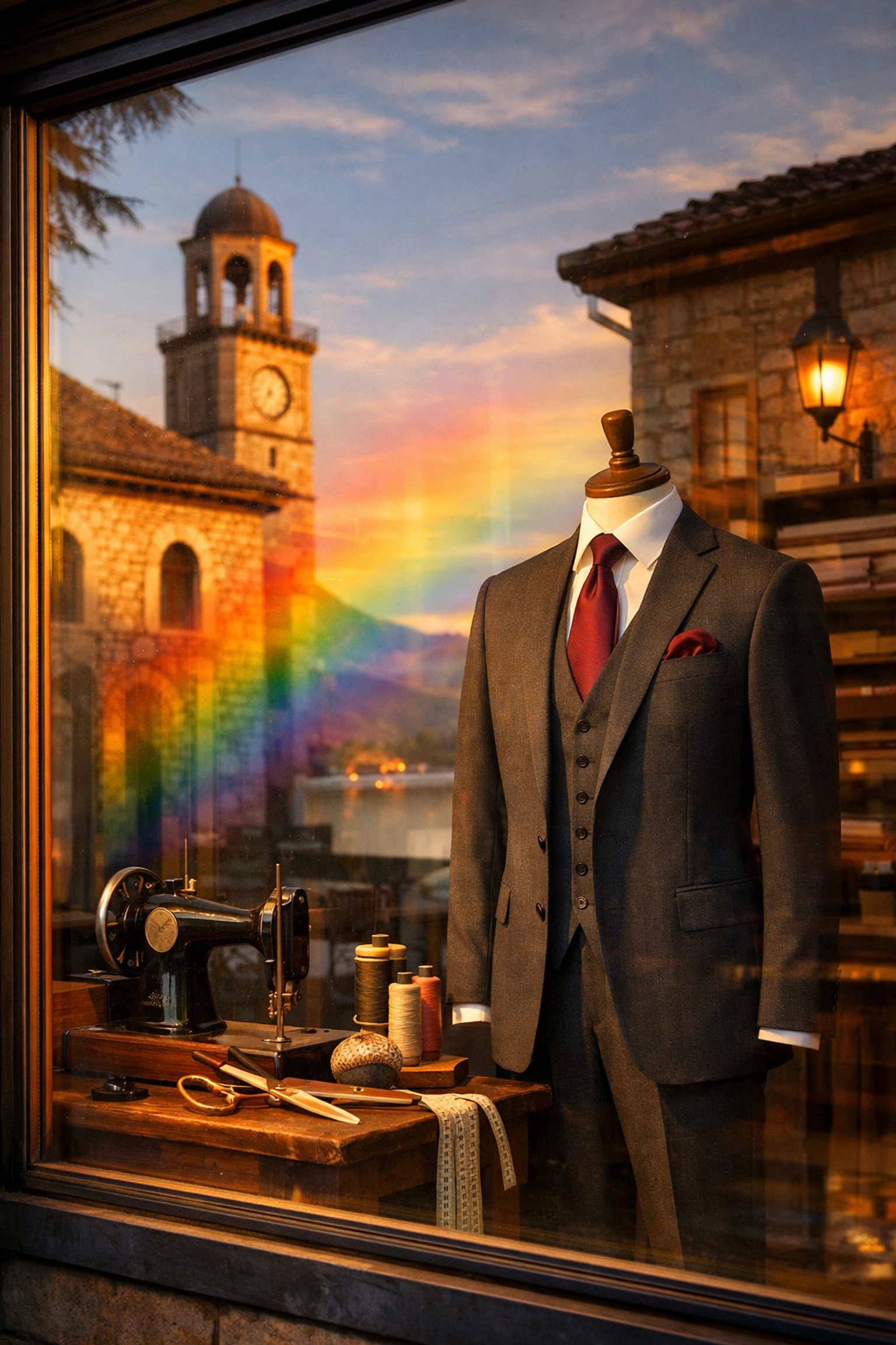 Modern Ioannina tailor shop window with rainbow pride reflection showing Greek LGBTQ+ progress