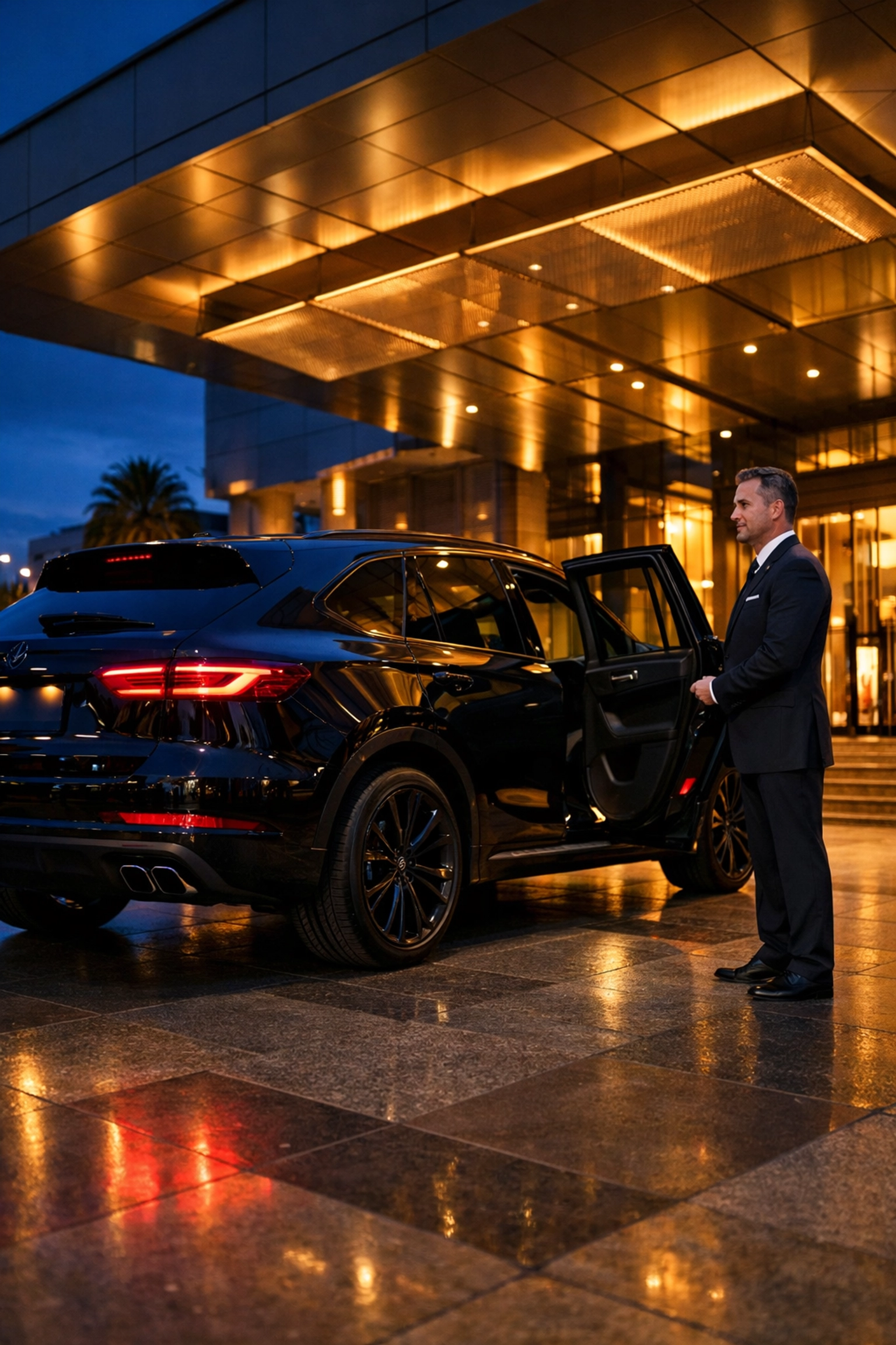 Chauffeur standing by a luxury SUV for VIP Super Bowl event transportation services.