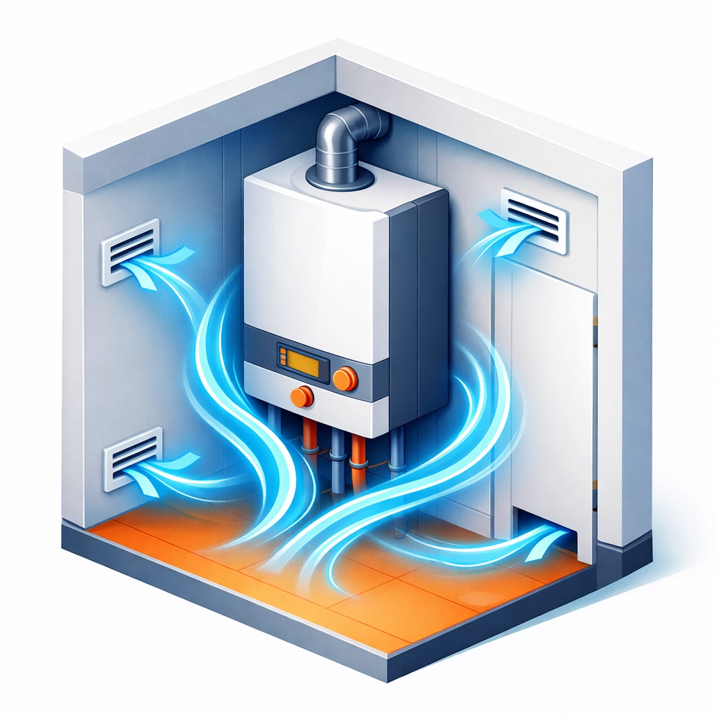 Boiler combustion air supply diagram showing proper ventilation requirements