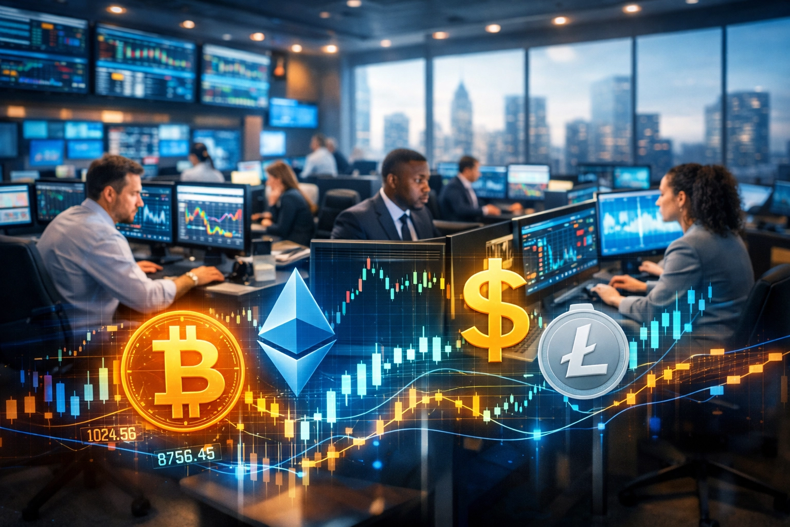 Institutional investors and hedge funds adopting cryptocurrency on modern trading floor