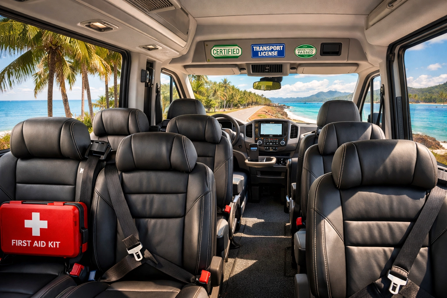 Safe insured shuttle van interior with professional safety features in Costa Rica
