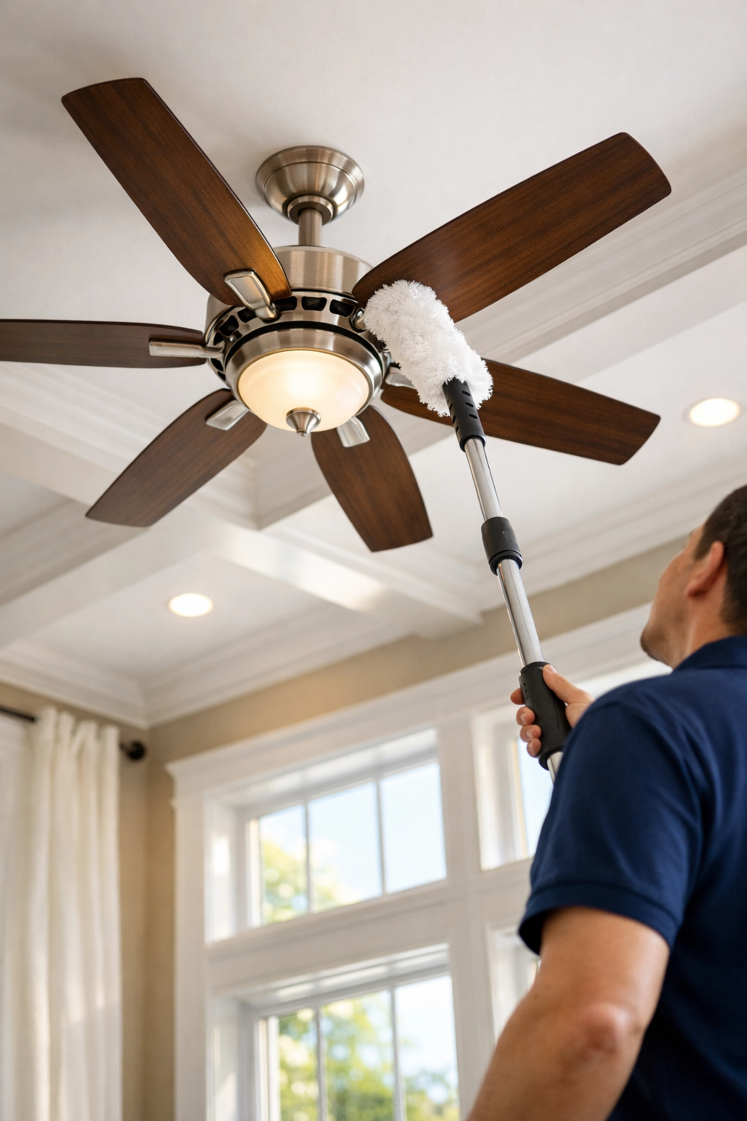 Professional house cleaning Worcester MA using top-to-bottom dusting techniques on a ceiling fan.