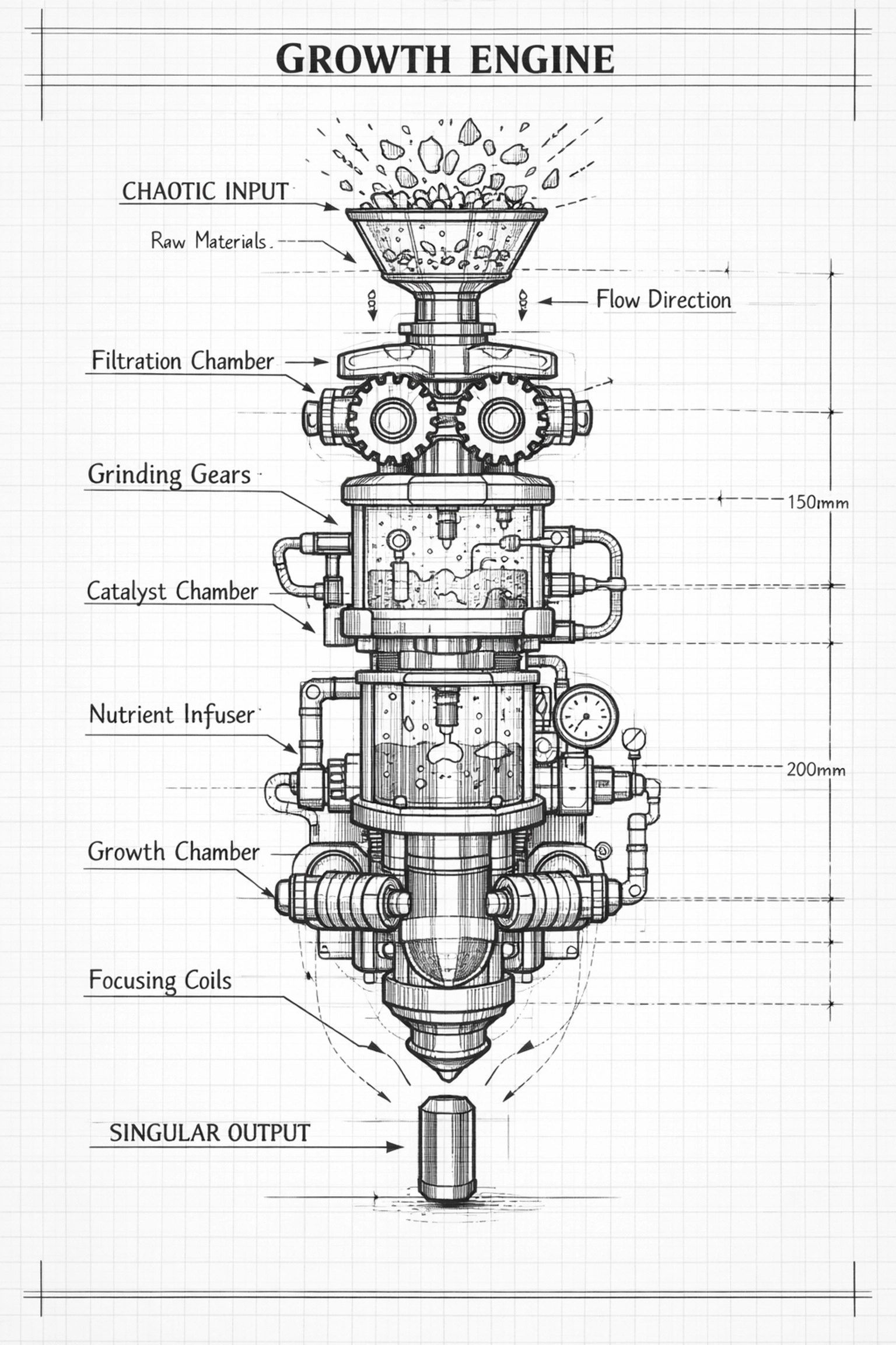 Architectural blueprint of a sales automation growth engine refining B2B lead generation into sales.