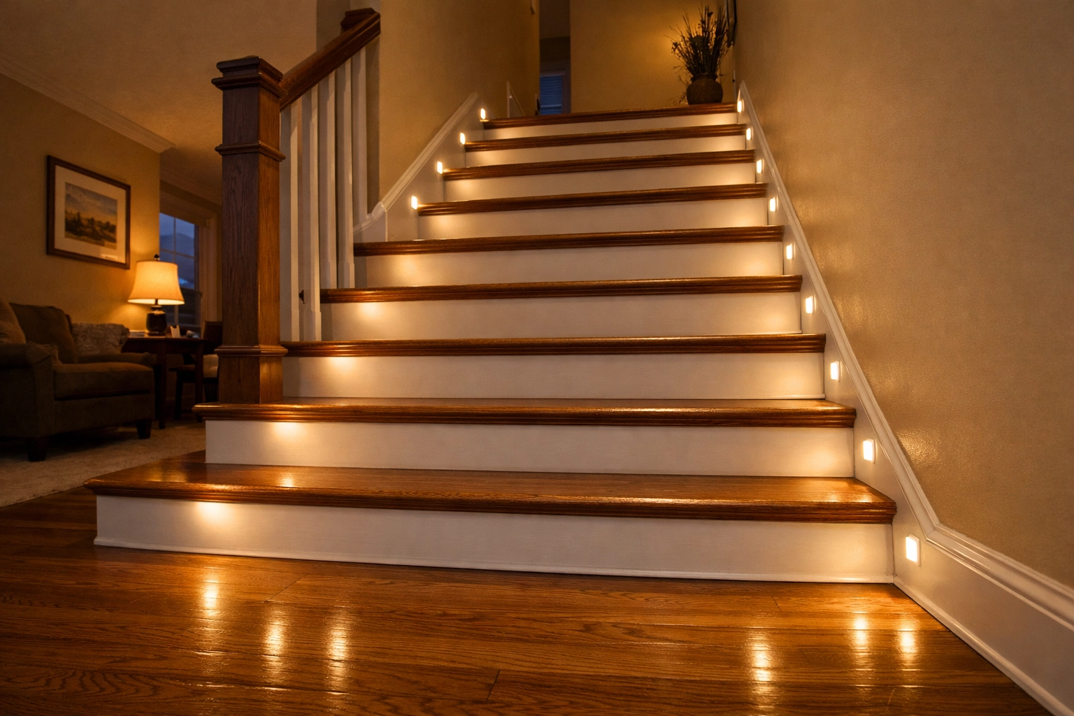 Motion-sensor LED stair lighting along the baseboards to improve visibility and prevent falls on steps.