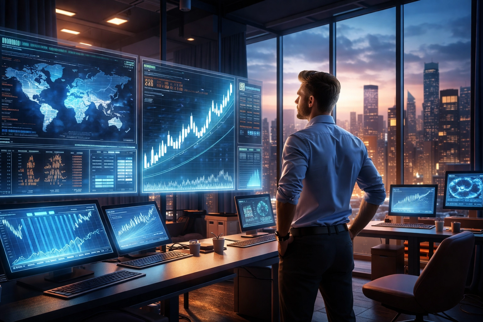 Investor reviewing financial charts in a high-tech command center, illustrating strategic private equity diversification in 2026