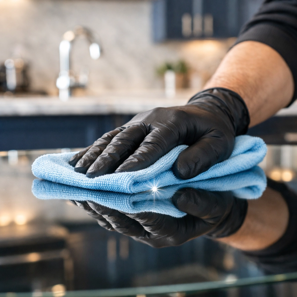Close-up of a professional cleaner detailing a home with precision and care.