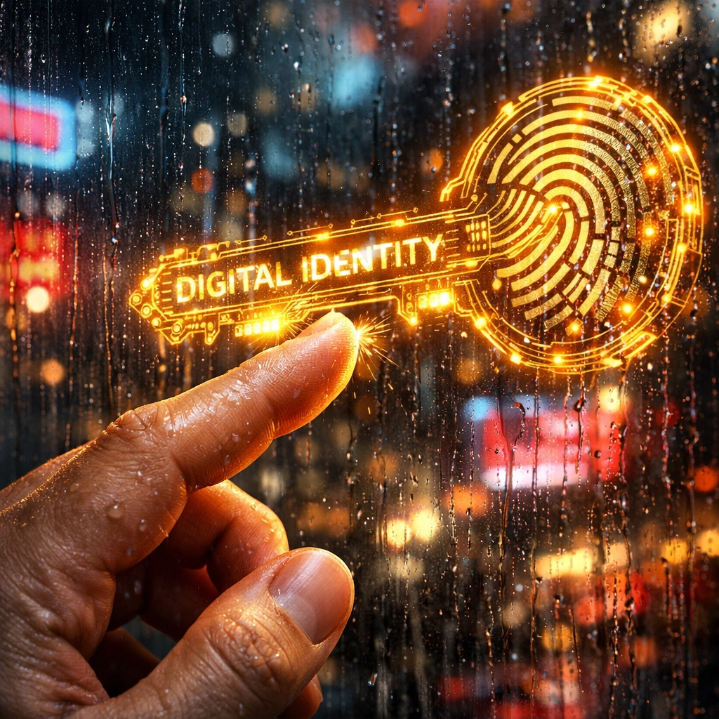A hand touching a glowing digital identity key, representing the future of truth in techno thriller books.