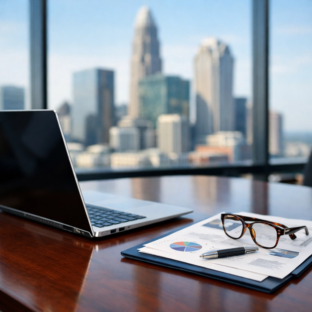 Business planning materials in a Charlotte office for owners looking to sell a small business.