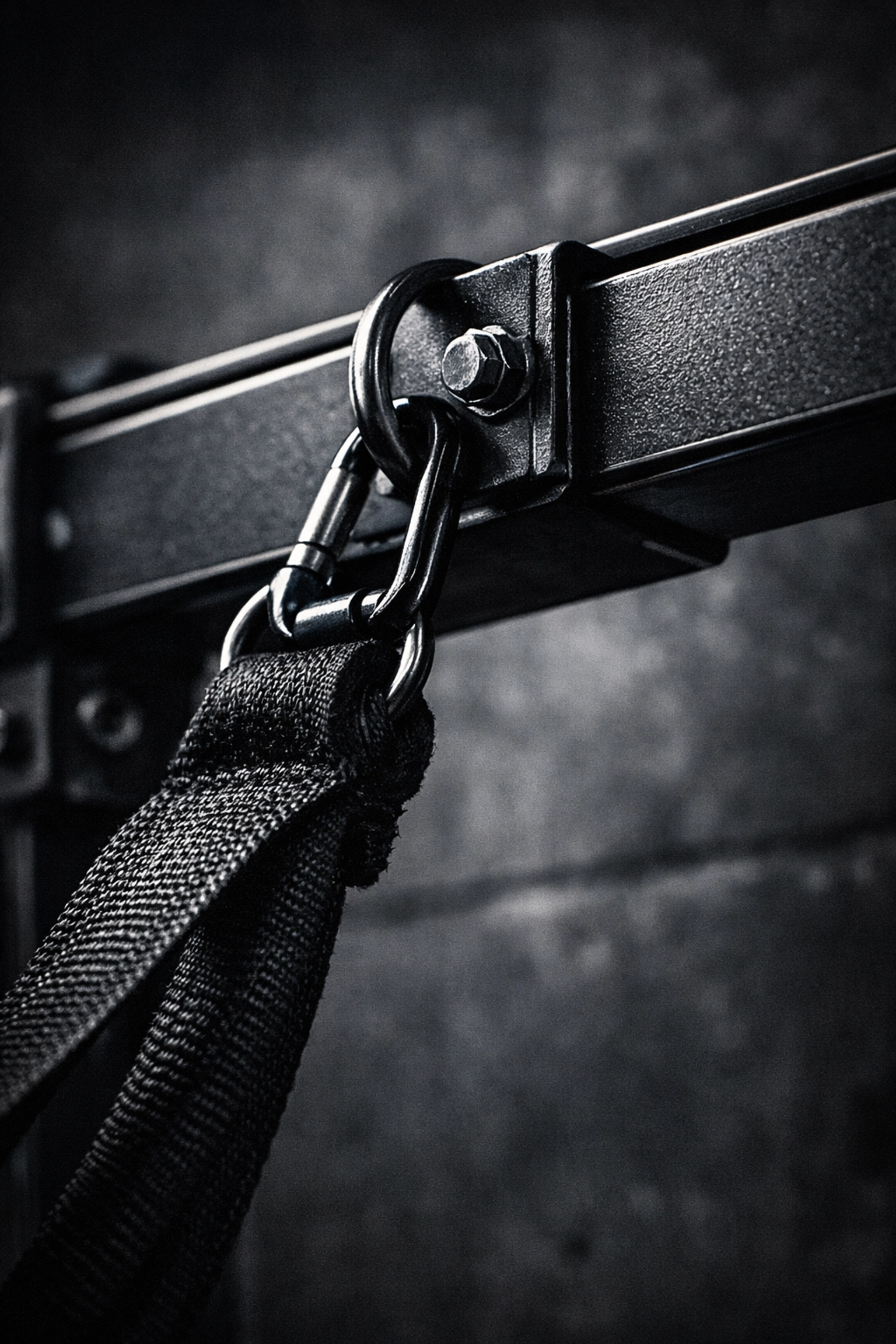Durable black resistance band anchored to a steel gym rail for heavy-duty resistance training.
