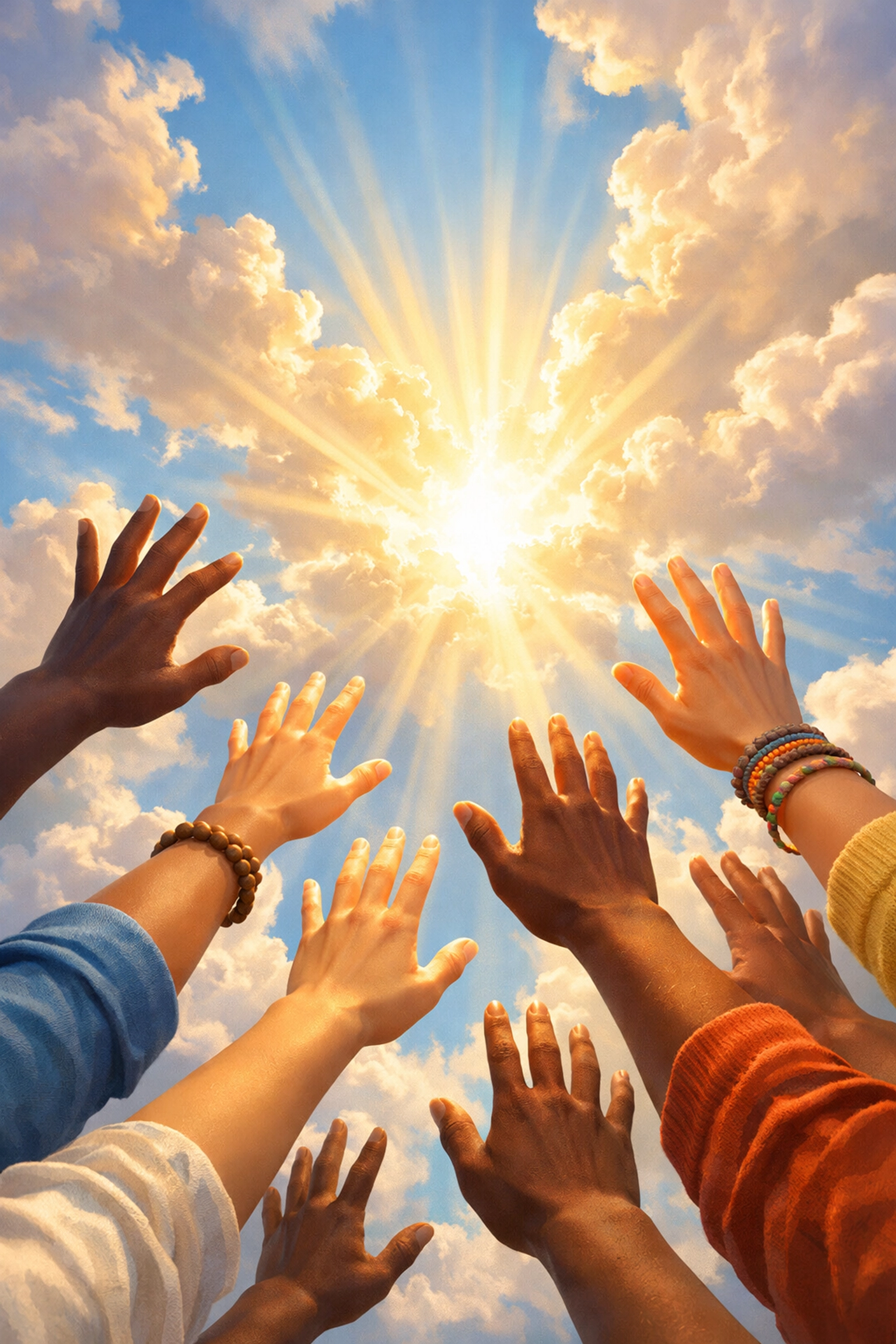 Diverse hands reaching upward toward light representing unity in reaching the unreached