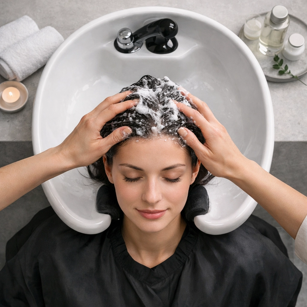 Professional scalp massage and exfoliating detox treatment at a Concord, NH beauty salon.
