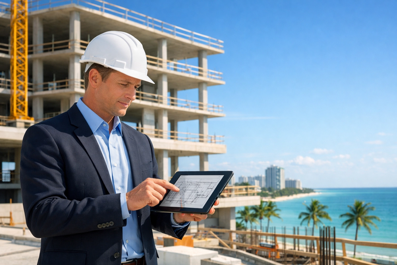 Construction manager reviewing digital blueprints on a high-end South Florida construction site.
