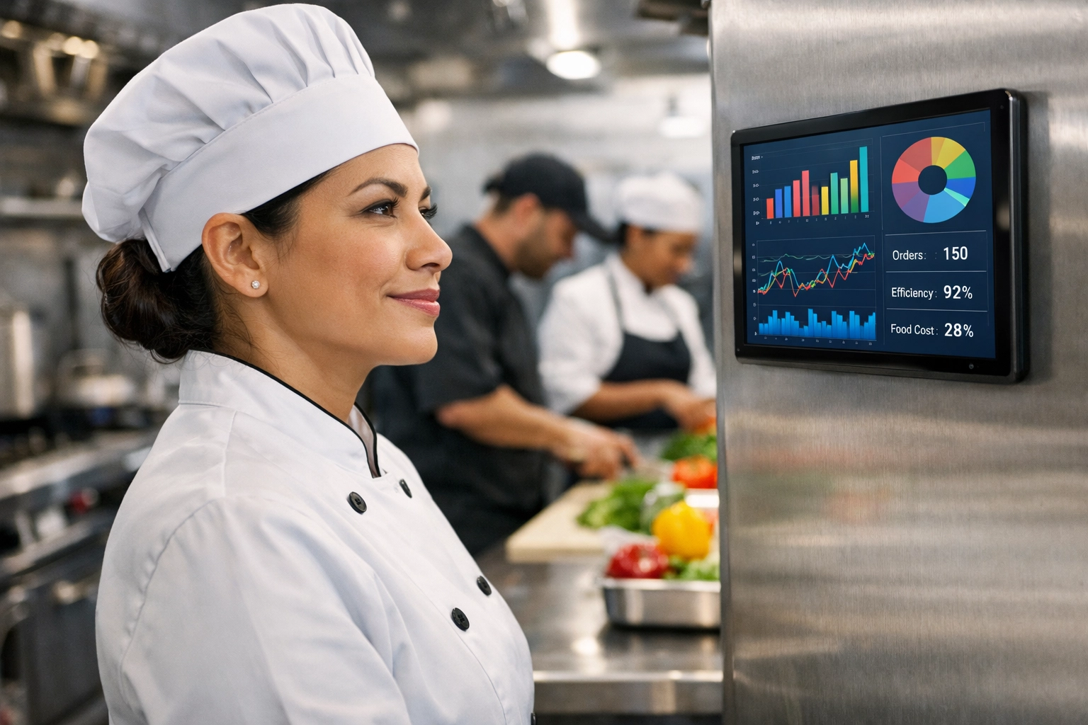 Latina chef monitoring kitchen operations data on a tablet for better restaurant management.