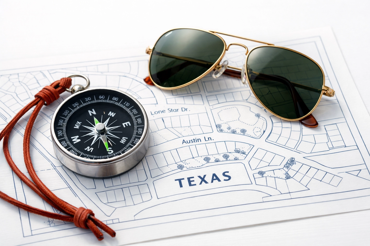 Compass and neighborhood map symbolizing the journey to building a good credit score in Texas.