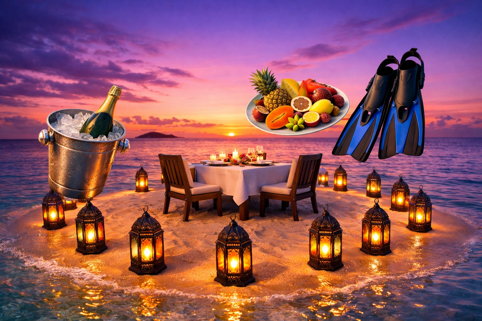Romantic dinner set on a private sandbank with champagne, part of the best Maldives all inclusive deals.