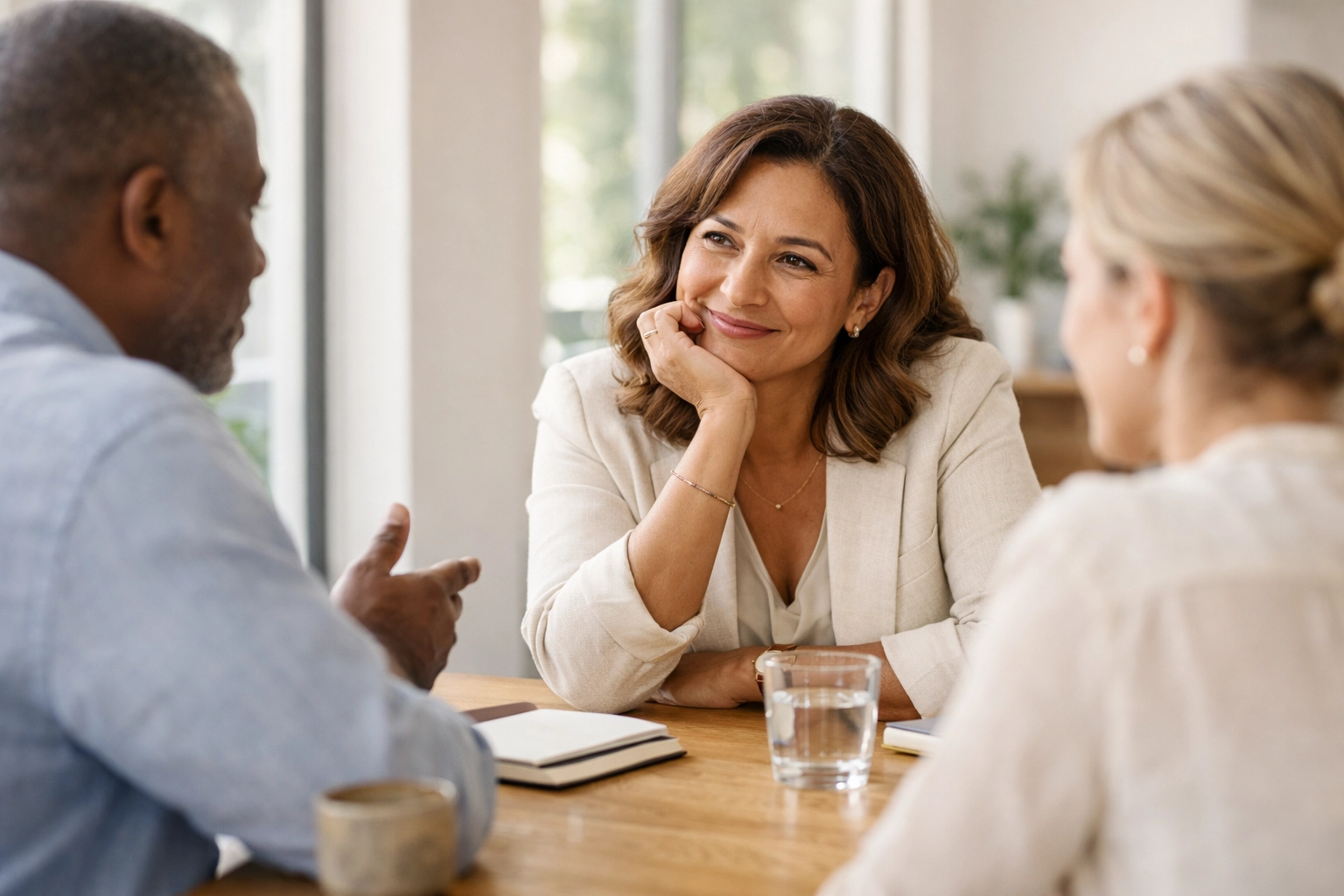 A female leader demonstrating empathetic listening and high emotional intelligence with her team.