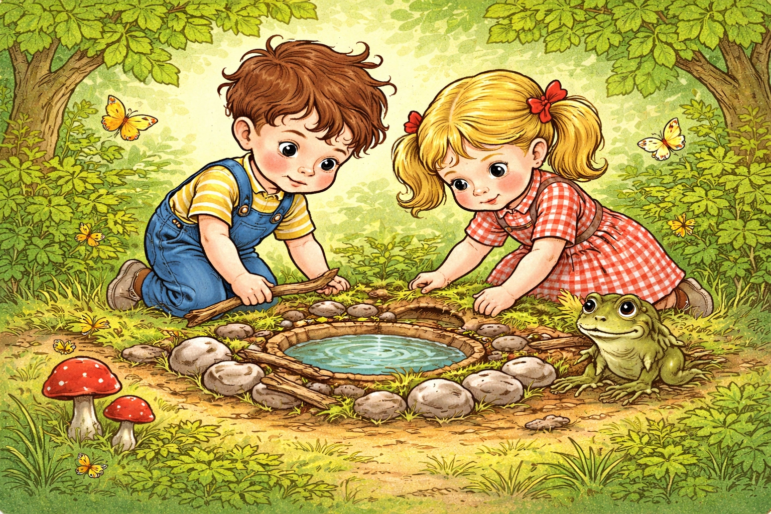 Children building a toad habitat in a garden, fostering stewardship and love for wildlife in kids