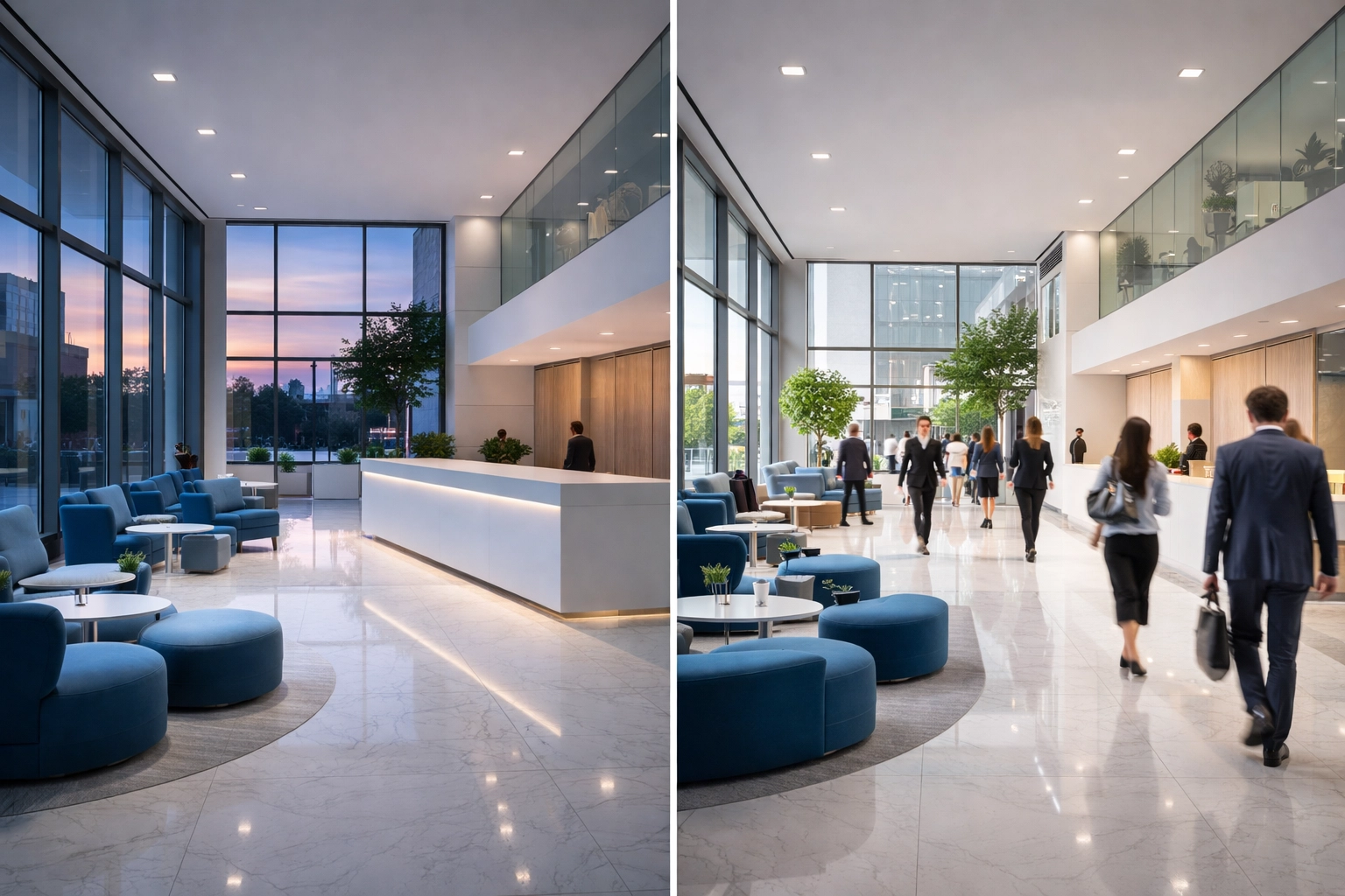 Commercial building lobby split between early morning and busy daytime, demonstrating flexible cleaning schedules.