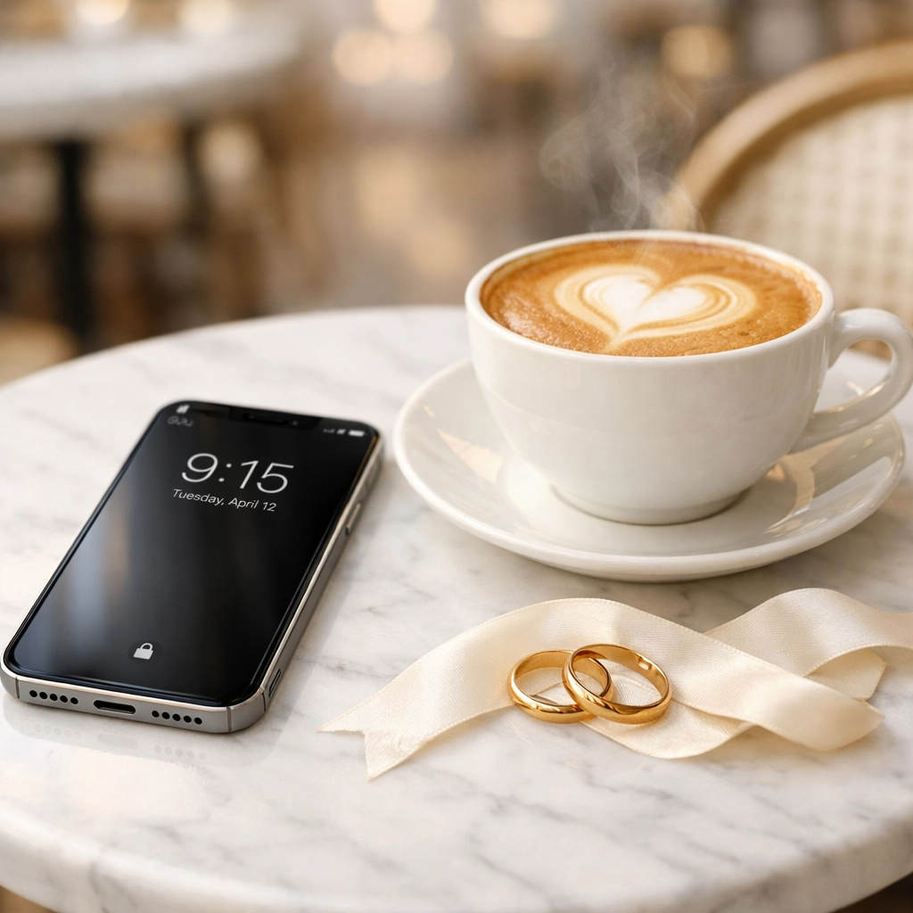 Wedding rings next to a smartphone showing a digital wedding planning platform for easy online RSVPs.