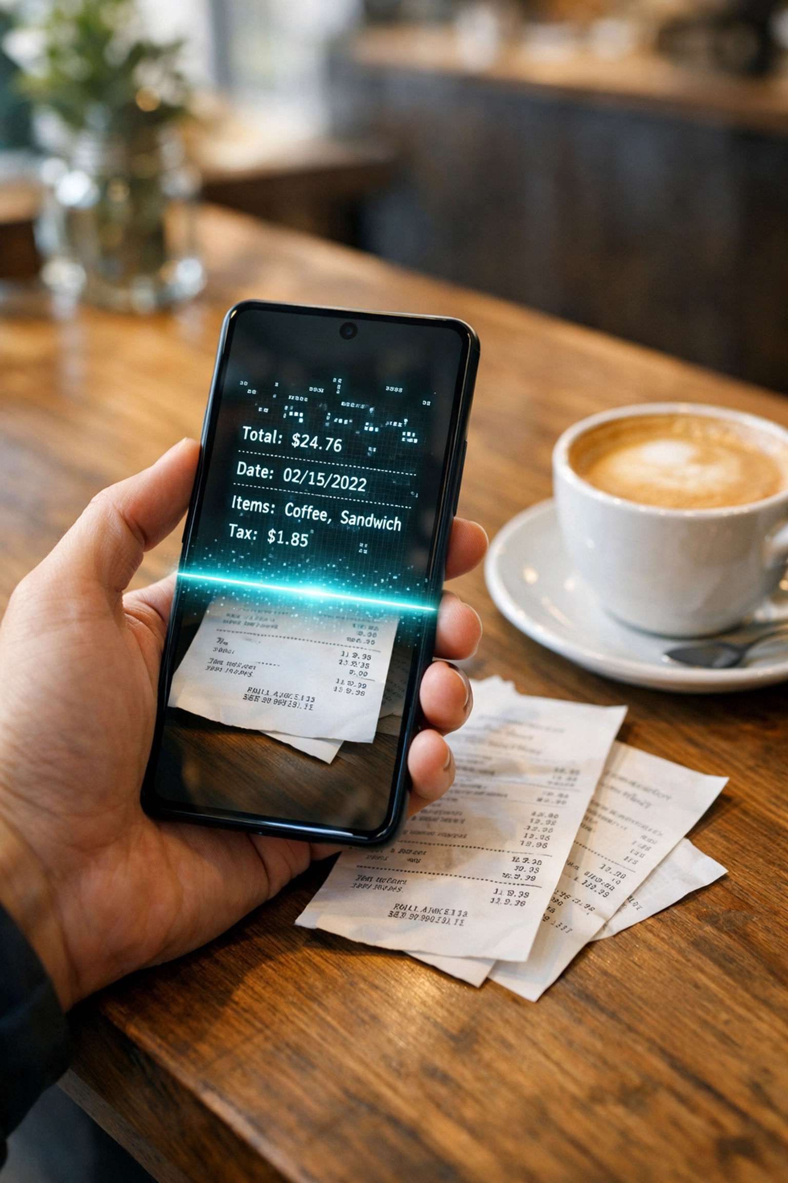 Smartphone scanning paper receipts for automated AI expense tracking and business categorization.