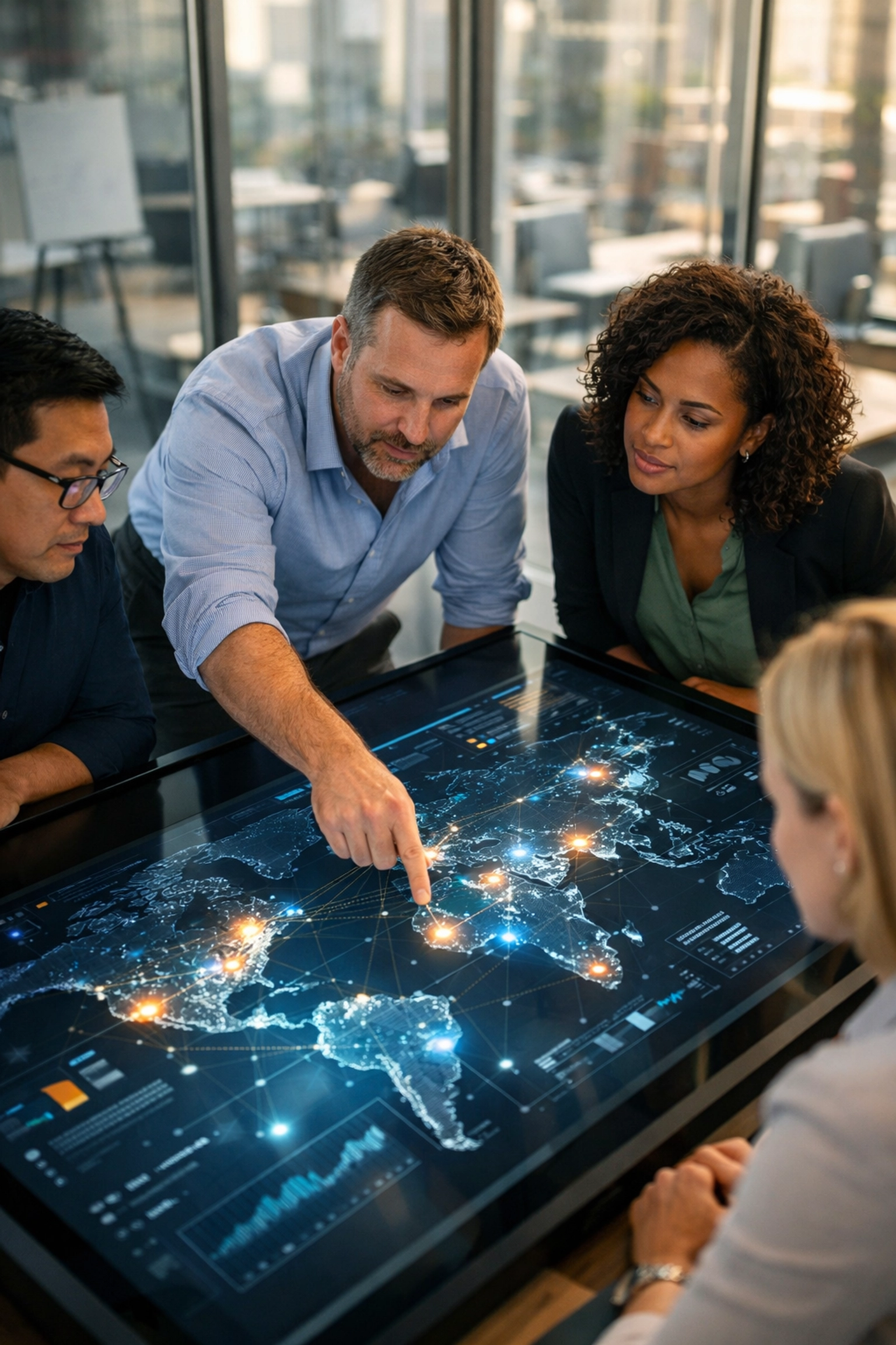 ServiceNow implementation partner team reviewing a digital infrastructure map for complete ITOM visibility.