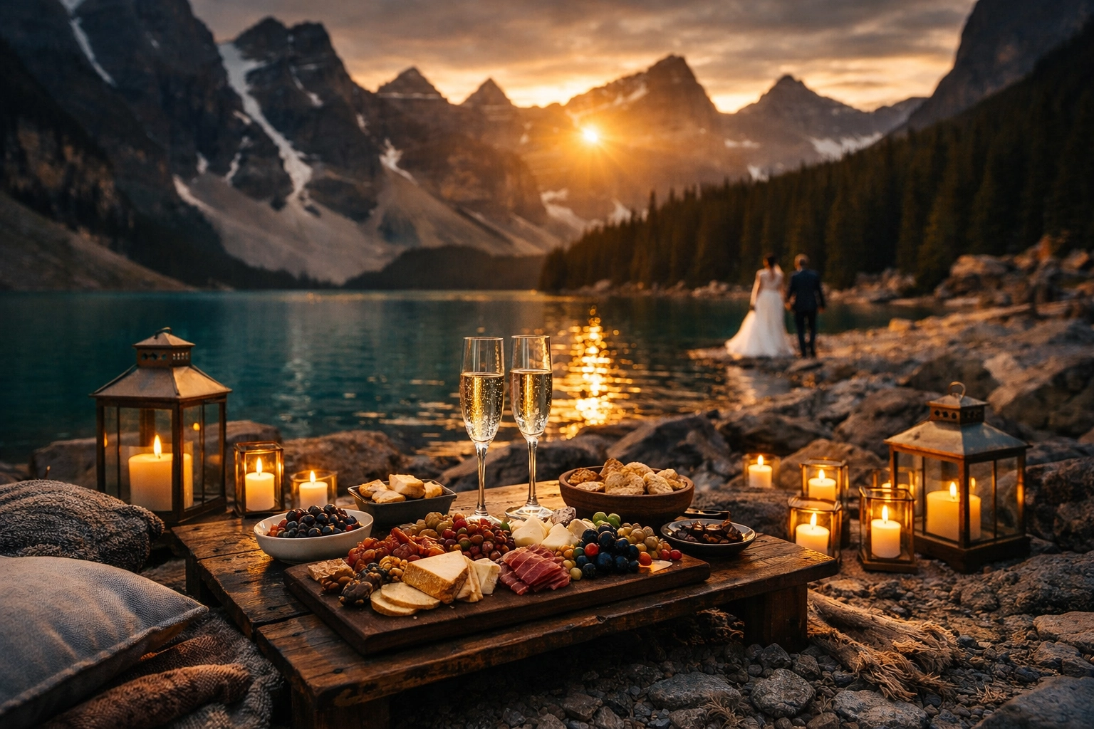 Gourmet lakeside picnic catering setup for a luxury Banff elopement with mountain views.