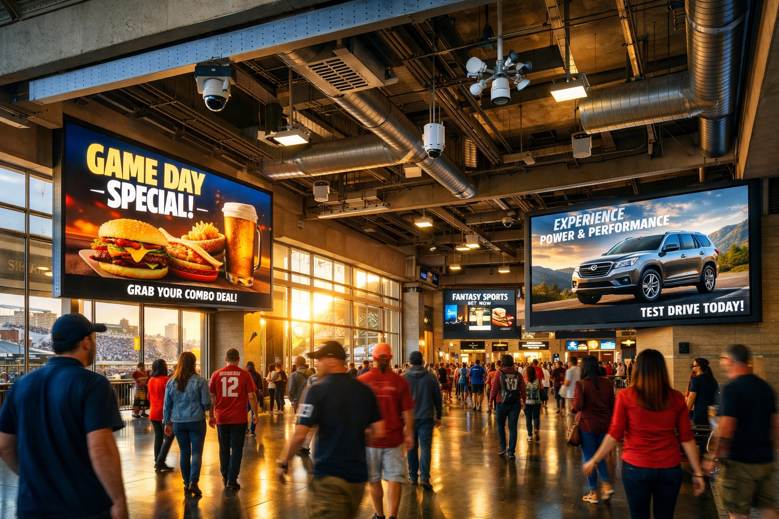 Sports stadium concourse with programmatic DOOH screens displaying targeted advertisements to fans