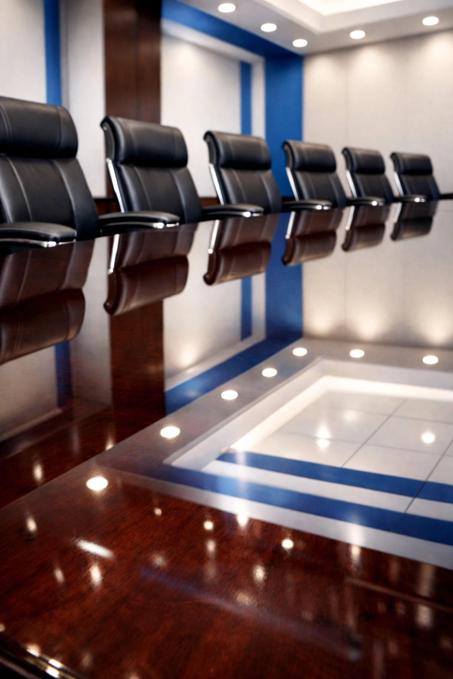 Polished mahogany conference table with a mirror-like finish, reflecting professional office cleaning standards.