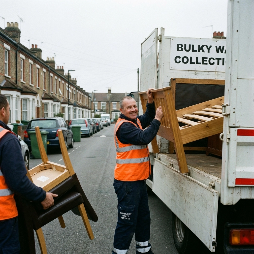 Waste collection worker loading furniture into vehicle outside British rental home for property clearout