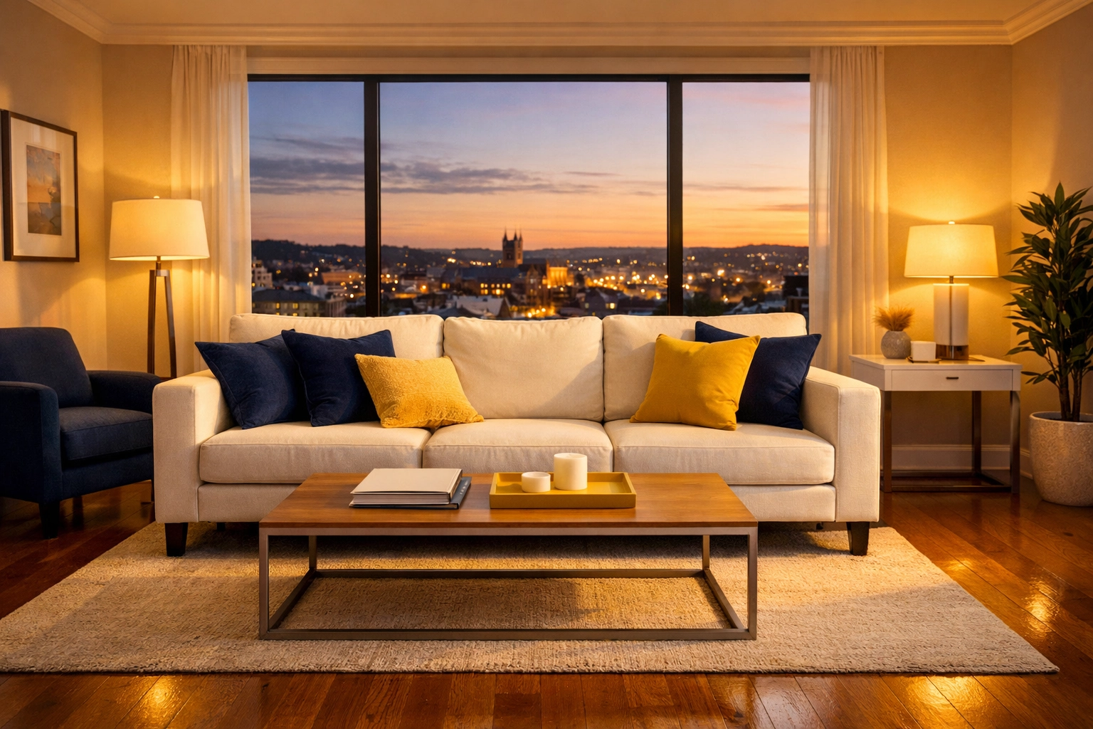 Gleaming hardwood floors in a luxury home after high-quality house cleaning Worcester MA at sunset.