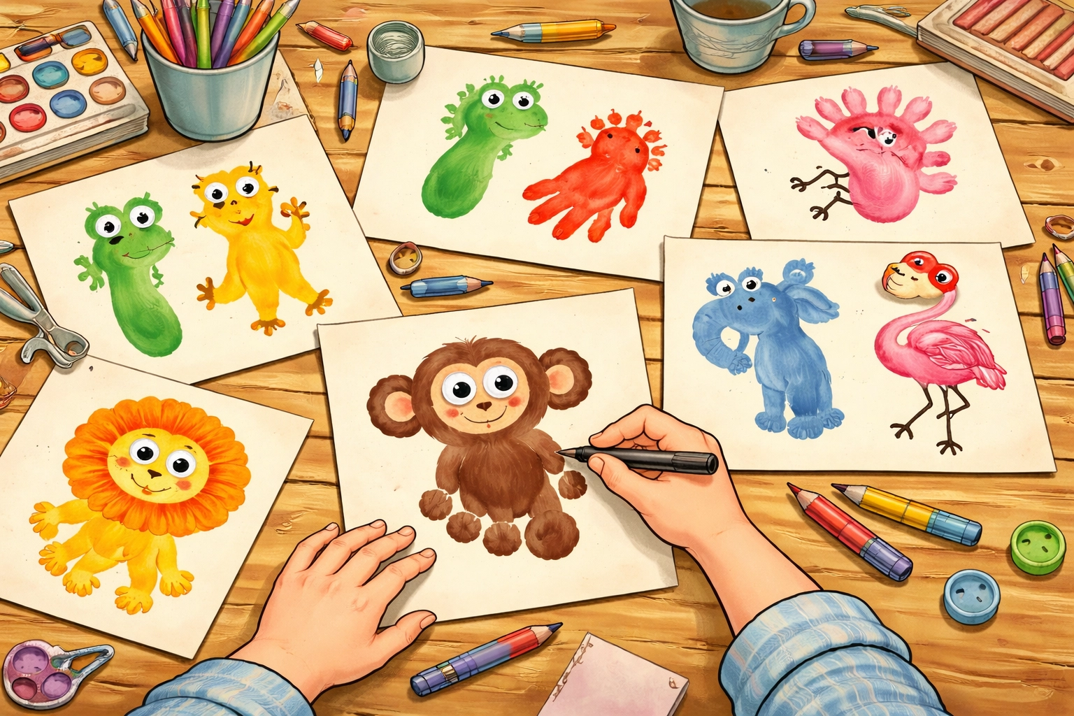 A top-down view of a craft table where a child adds details to a footprint monkey among handprint animal art.