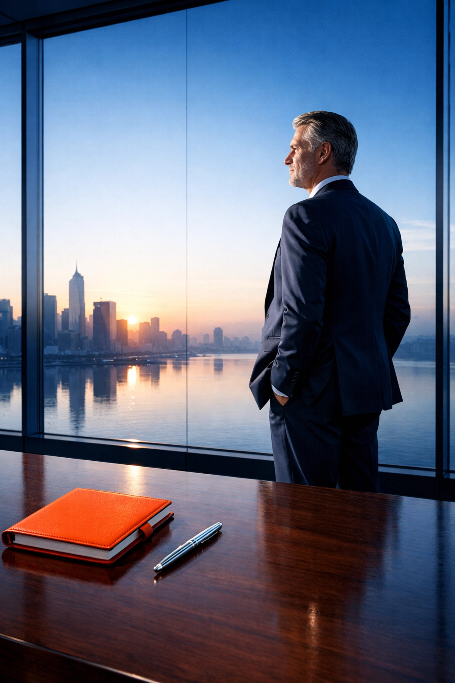 A thoughtful business owner planning a strategic 12-month exit runway in a modern office.