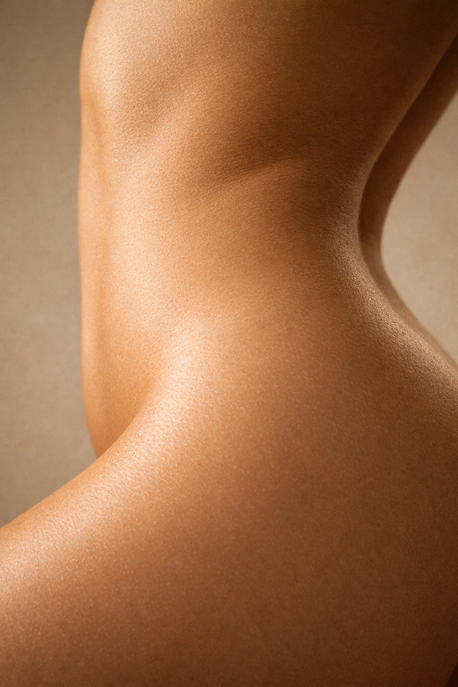 Macro nude photography of a woman's waist and hip highlighting fine skin texture and golden light.