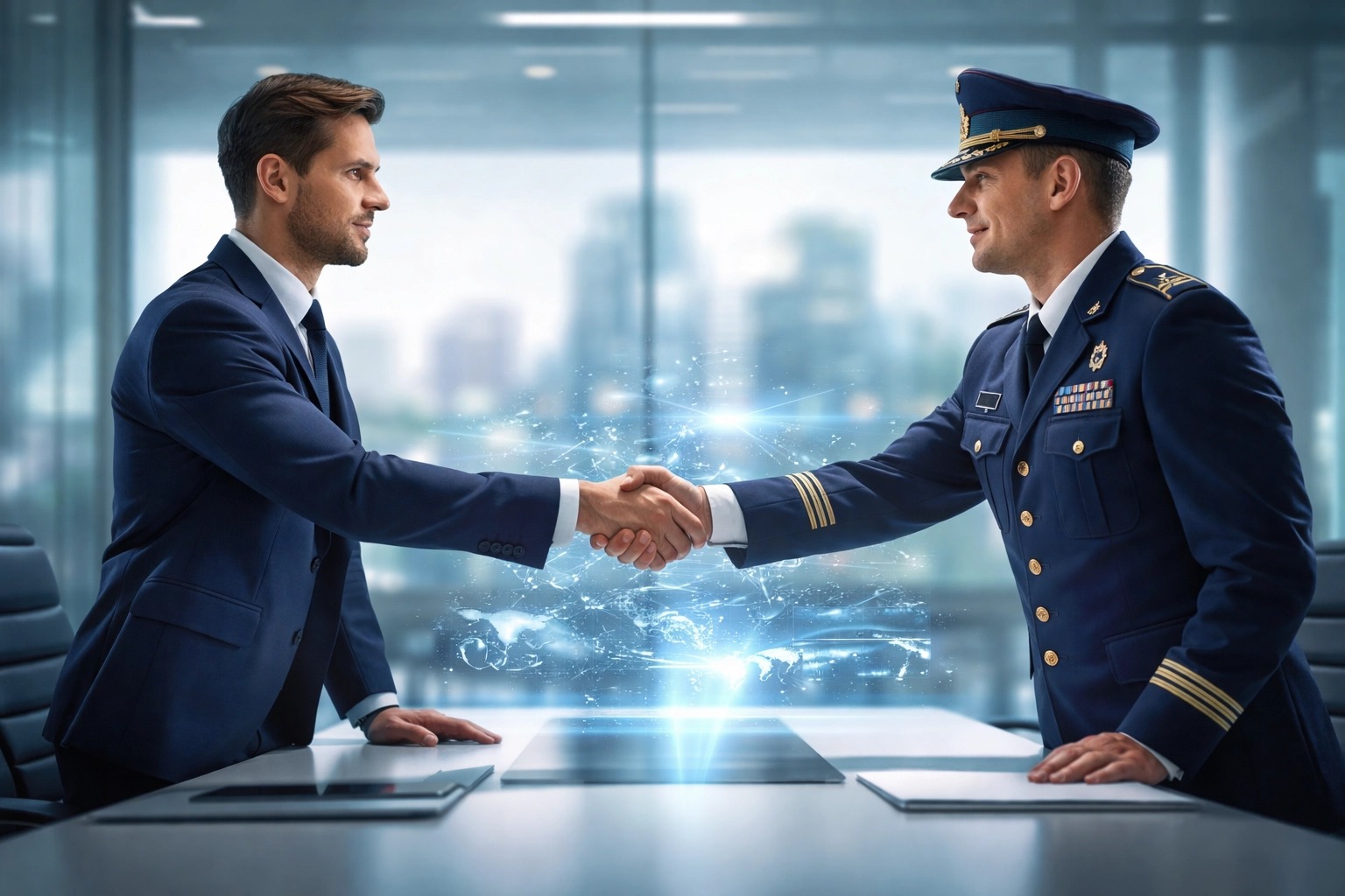 Business leader and military officer shaking hands, symbolizing commercial solutions opening (CSO) partnerships in federal innovation.
