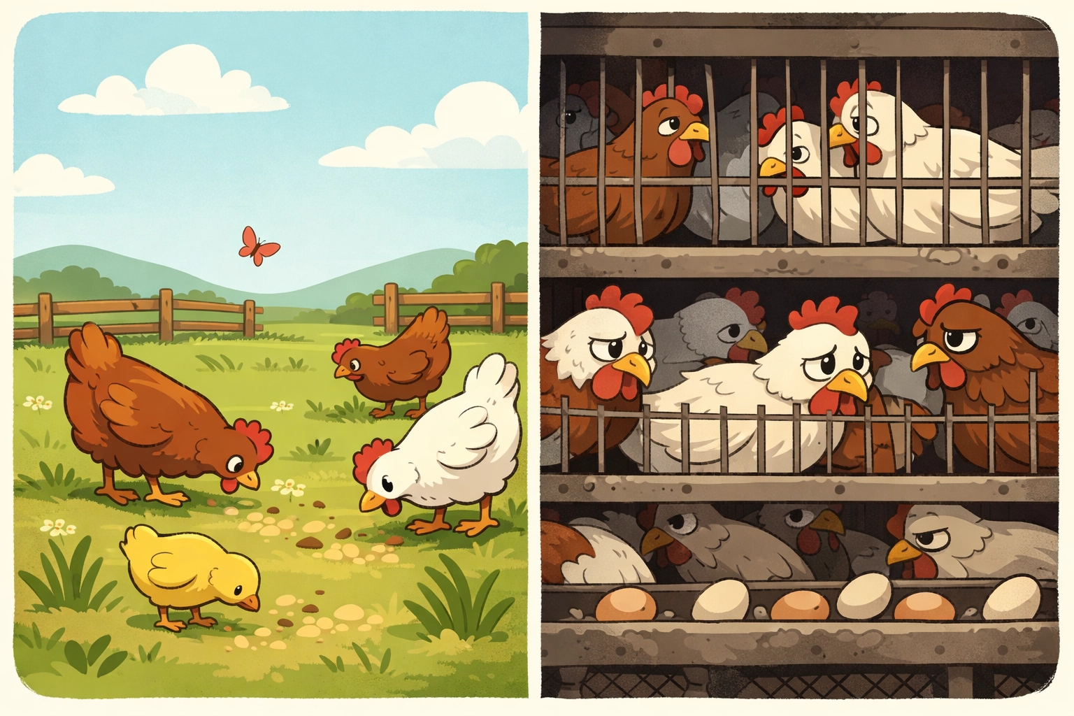 Comparison of free-range chickens in open fields versus confined factory farming