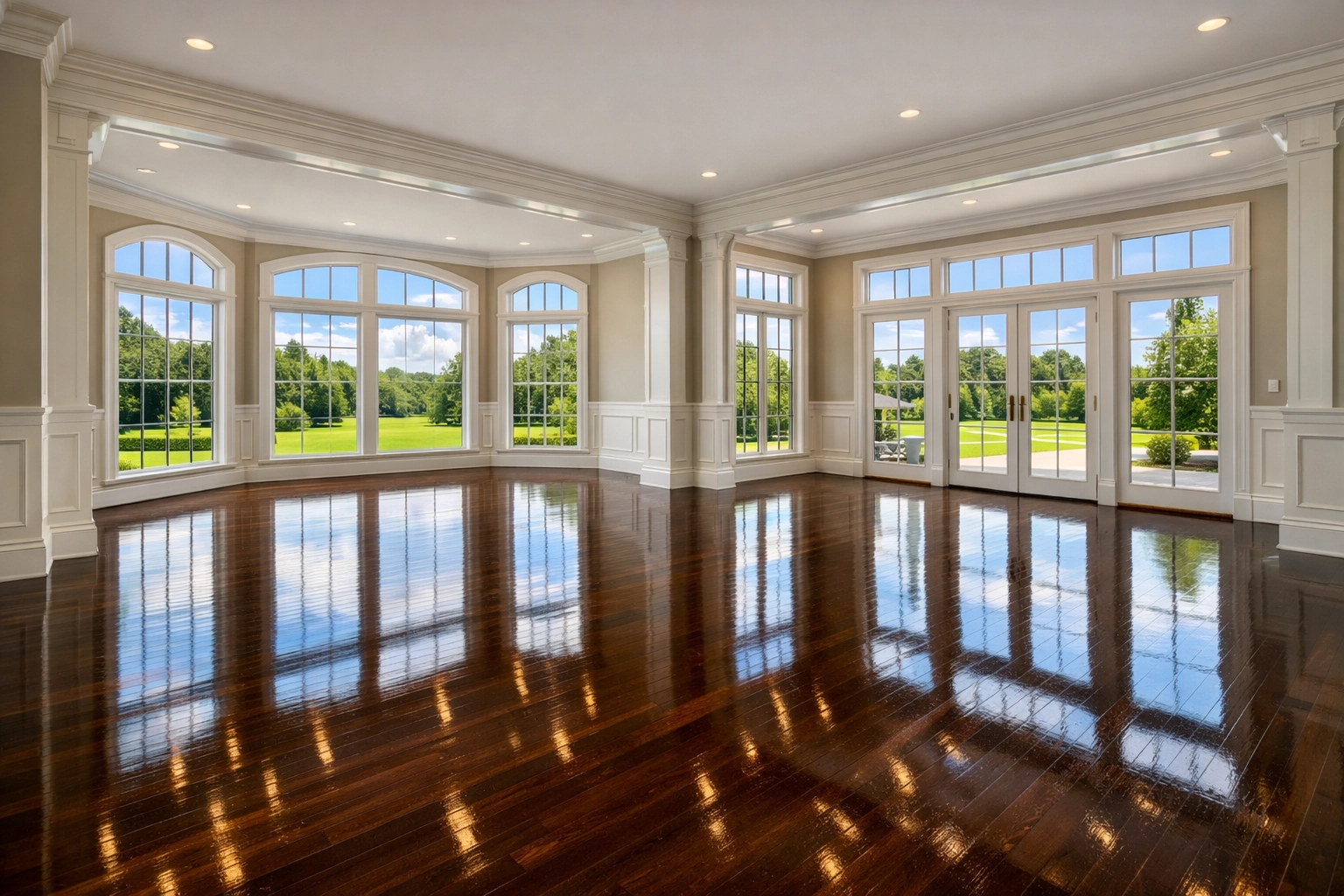 Pristine hardwood floors after a professional residential cleaning Massachusetts session in a Dover estate.