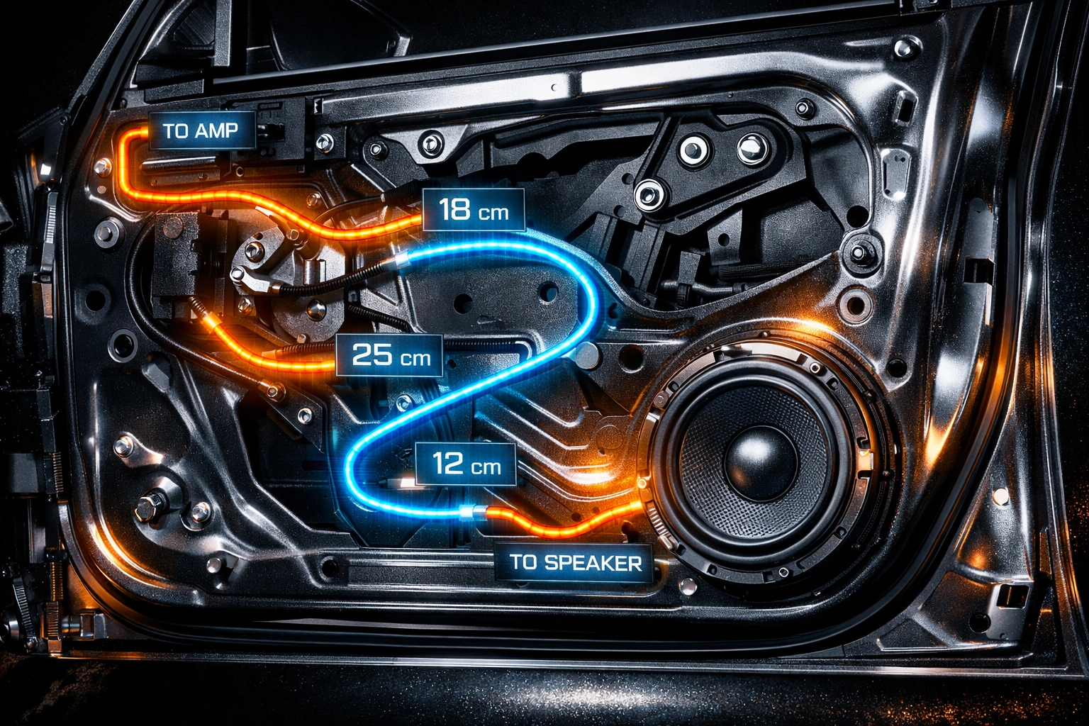 Speaker wire routing path through car door panel from amplifier to speaker