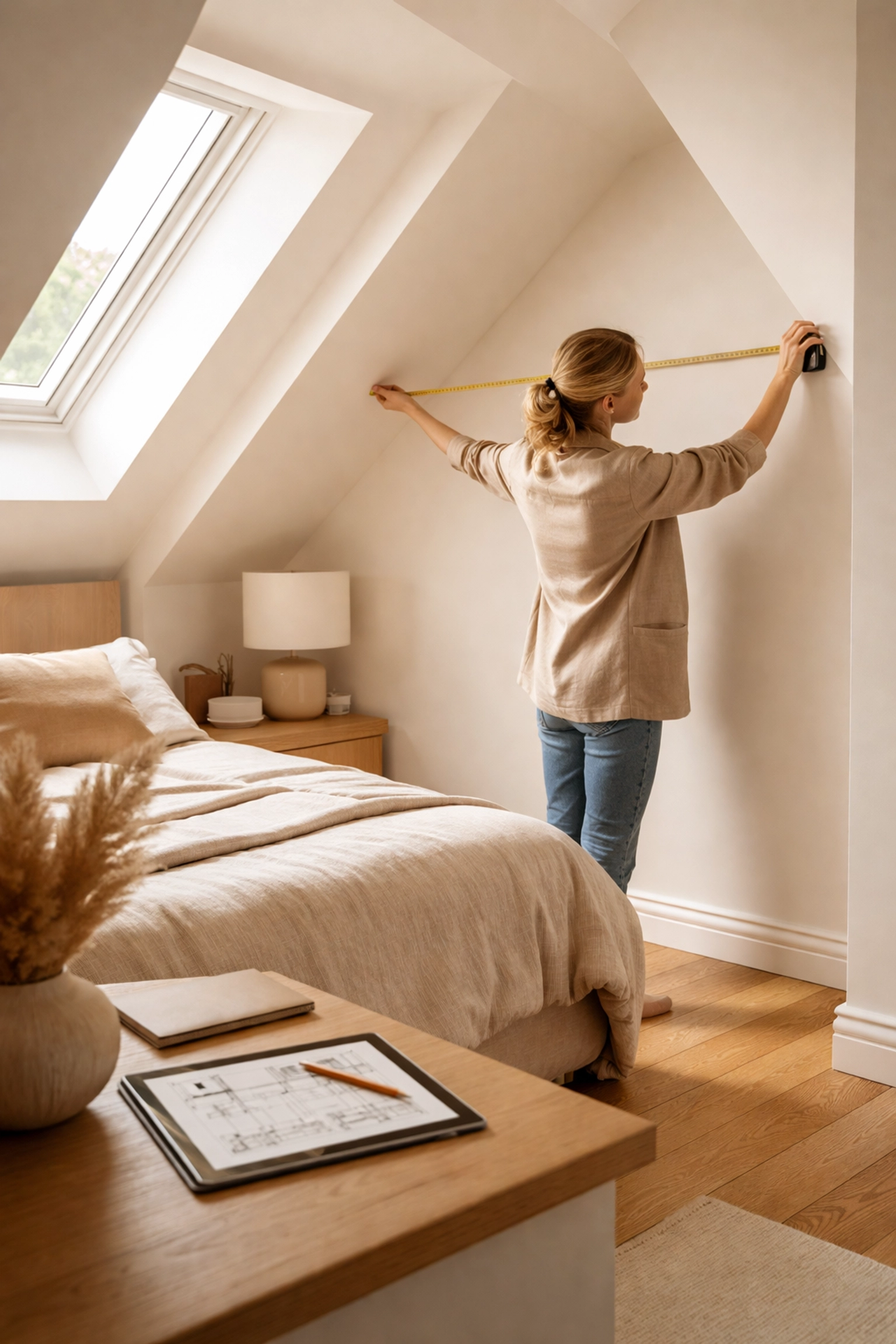 Interior designer measuring a Nottingham master bedroom, planning a tailored fitted bedroom layout.