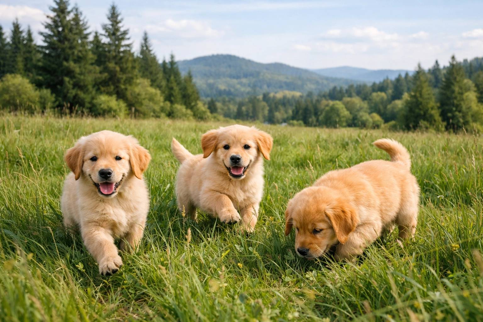 Three healthy Golden Retriever puppies playing in the lush green fields of Boring, Oregon.