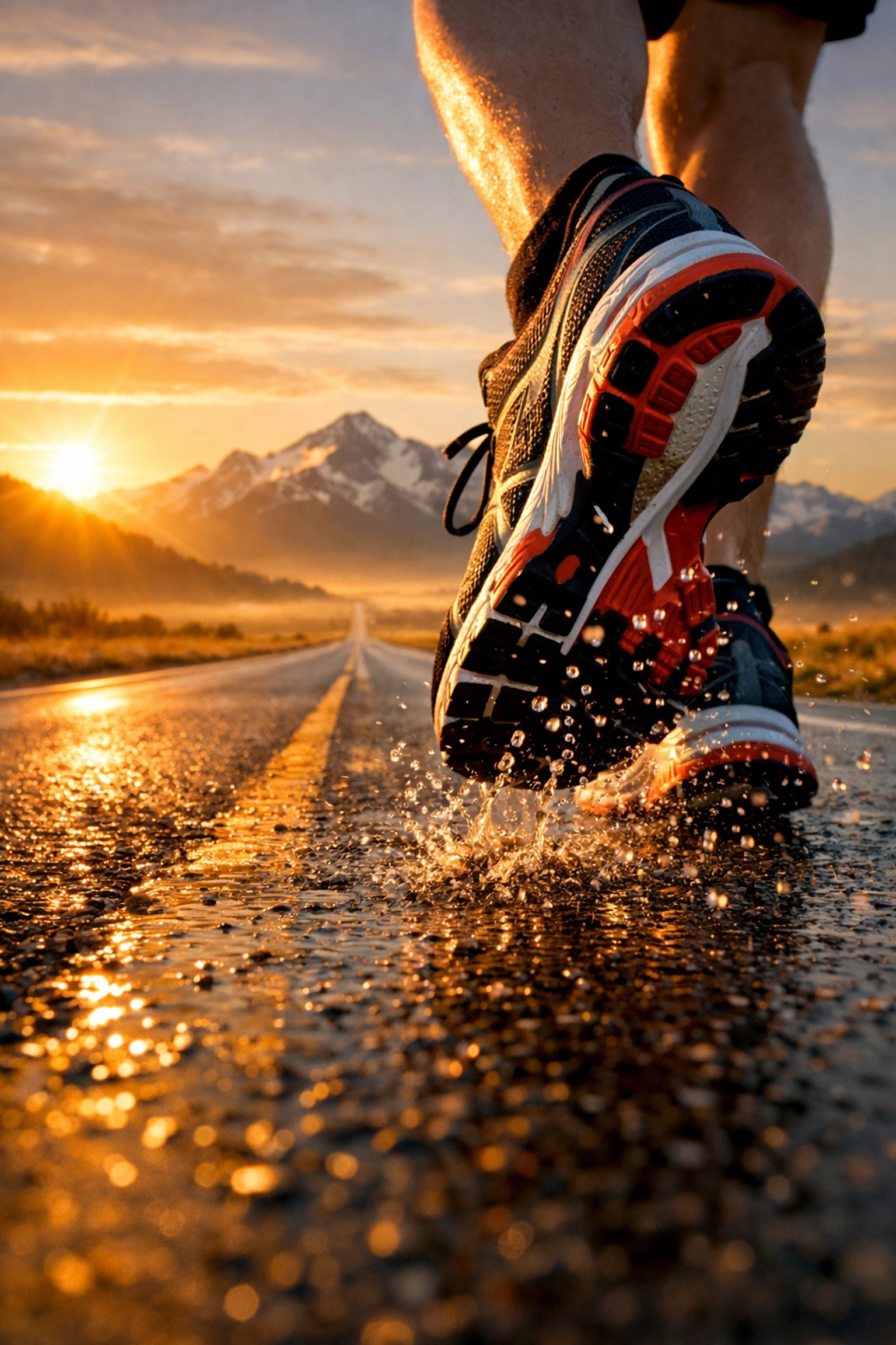 Running shoes on a road at sunrise symbolizing the discipline and consistency required for successful blogging.