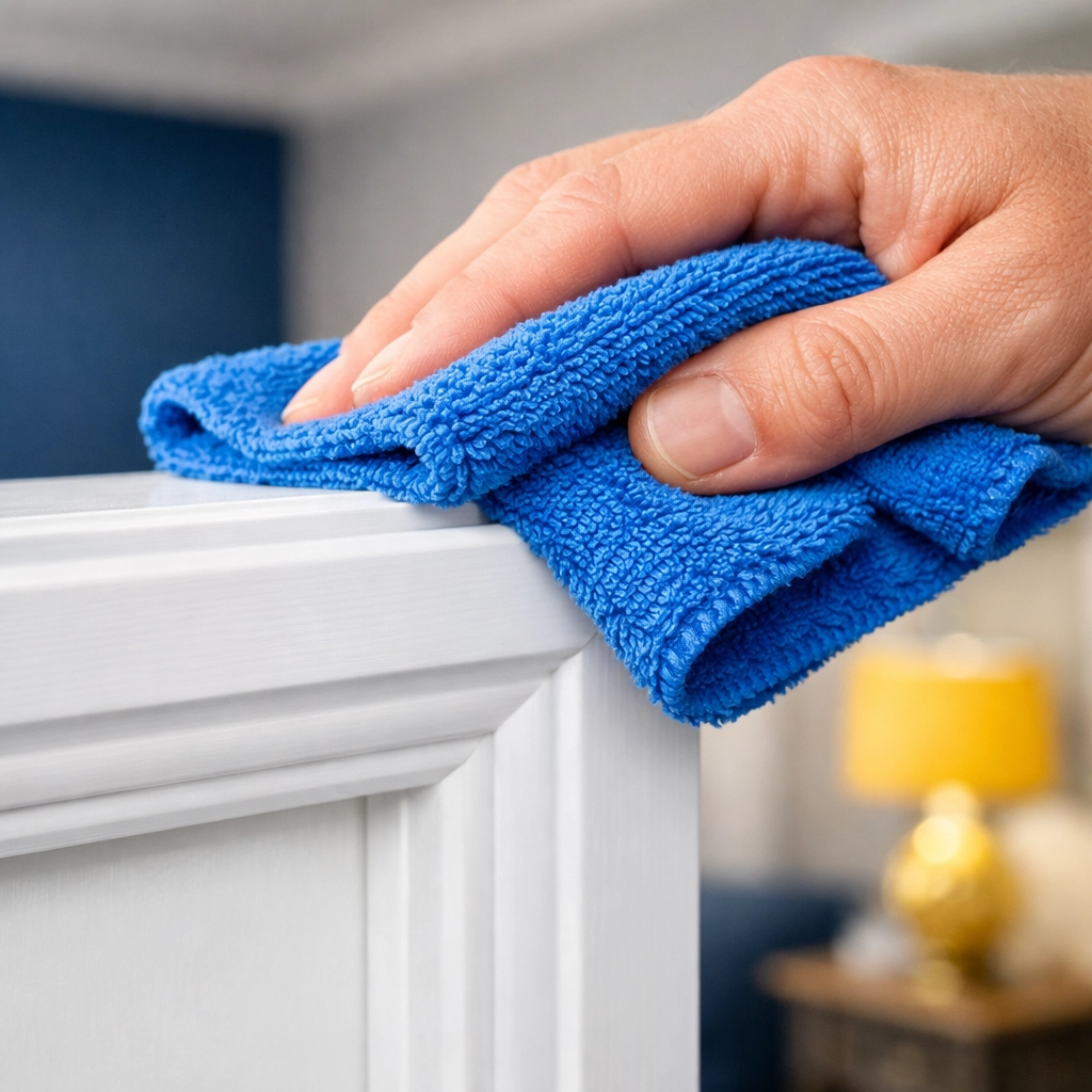 Using a blue microfiber cloth to wipe dust from door frames during bi weekly house cleaning.