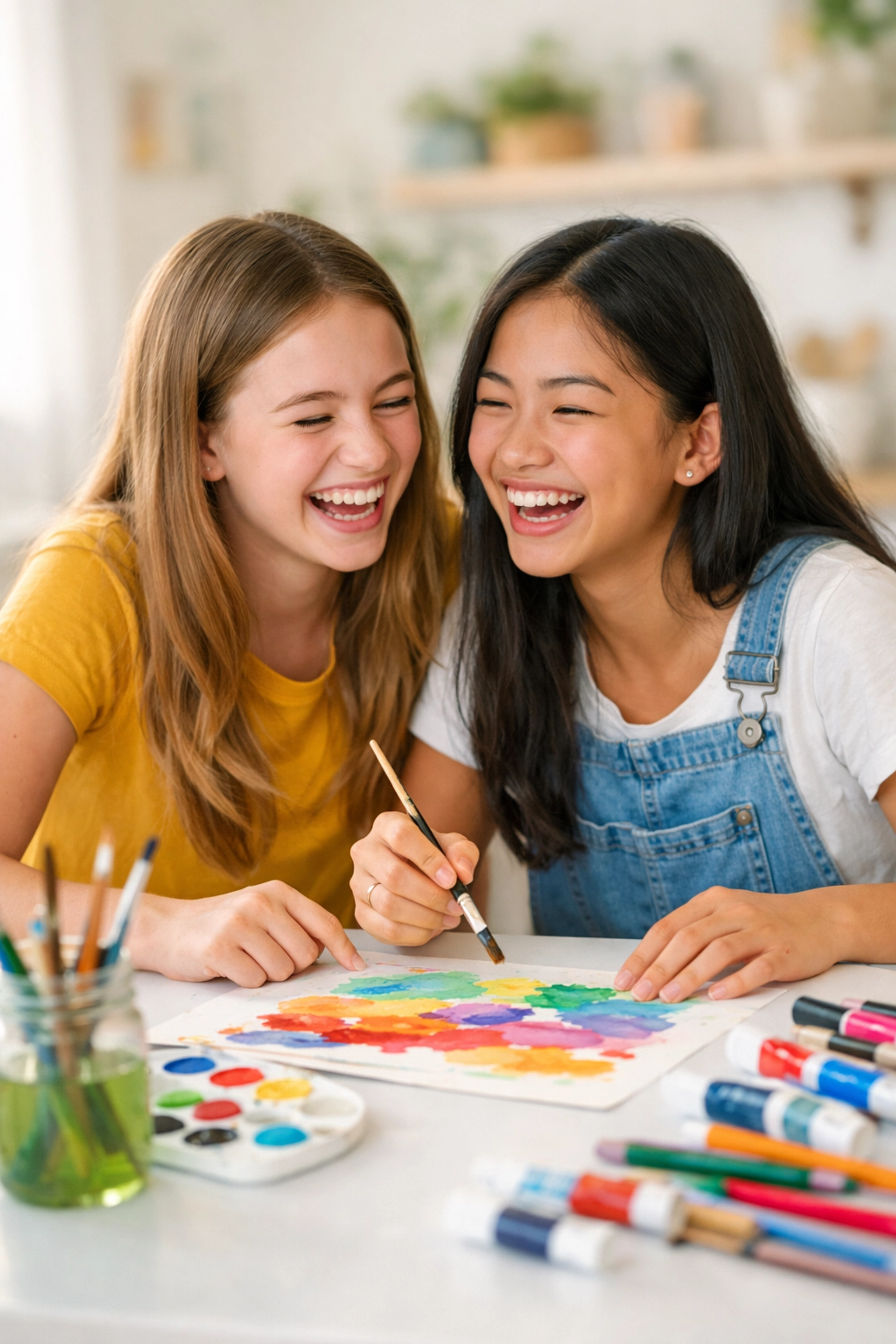 Teenage girls bonding through art therapy at a youth residential treatment center.