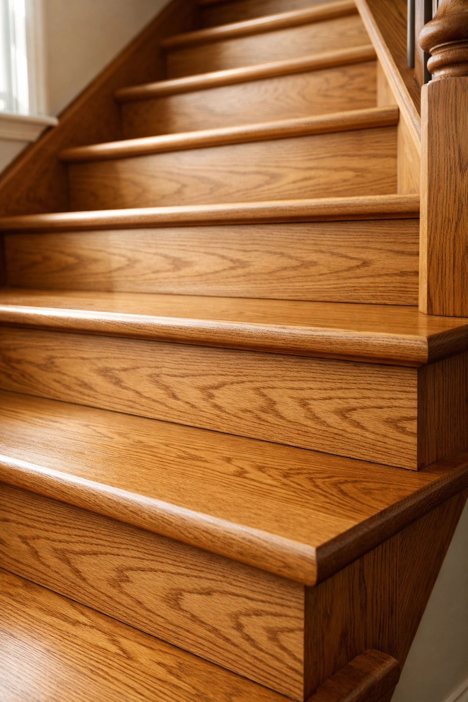 Close-up of well-proportioned wooden stairs with safe riser height and deep treads for fall prevention.