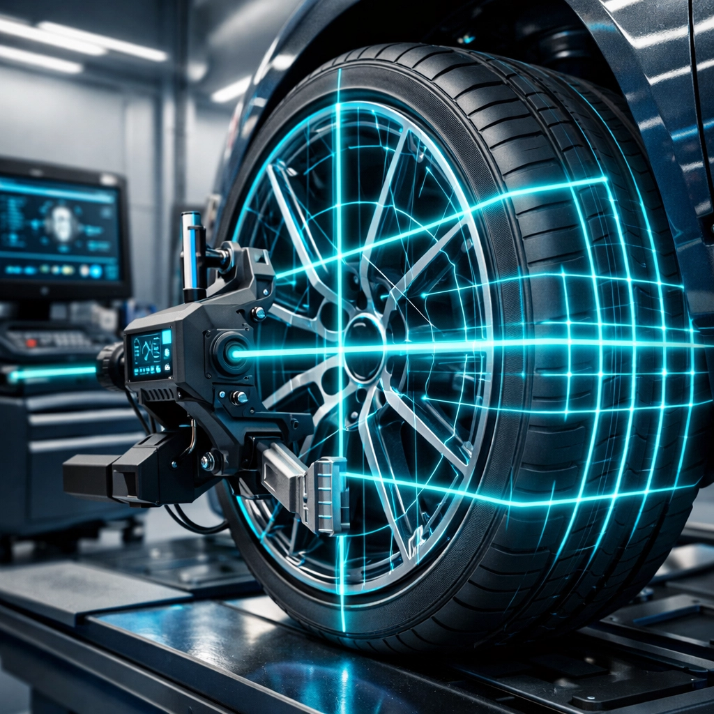 Professional laser wheel alignment system used by a mechanic in Petersburg, IL to ensure vehicle precision.