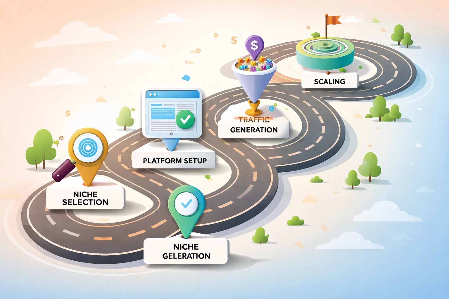 Road map illustration of steps to master affiliate marketing, featuring niche selection, platform setup, and scaling