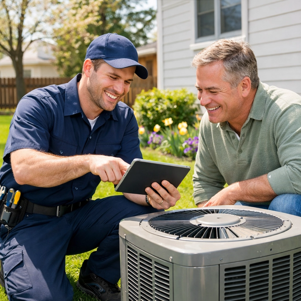 Professional HVAC technician performing an AC tune up for a homeowner in Tonawanda, NY.