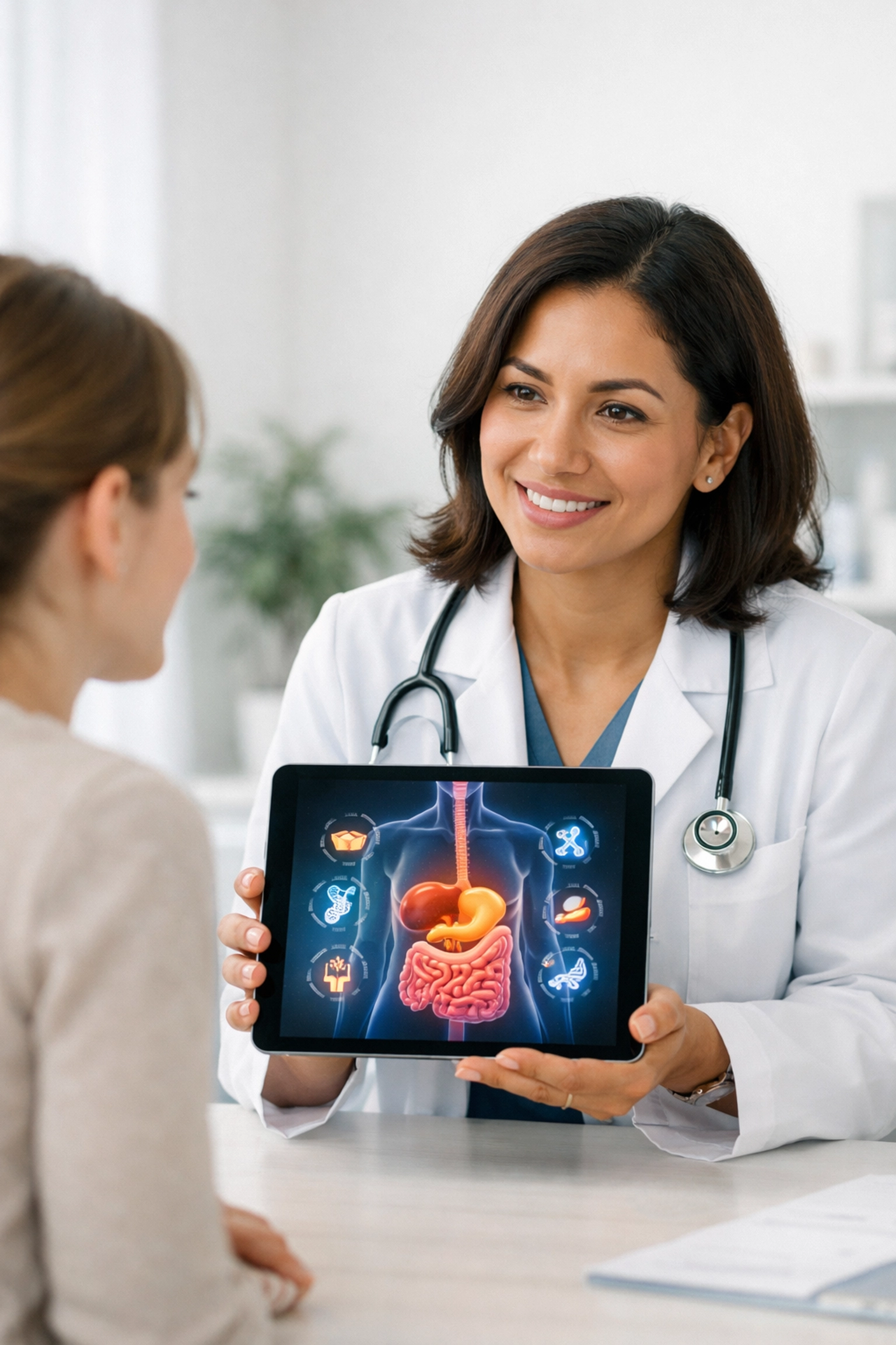 A female doctor explaining metabolic weight loss pathways to a patient in a modern medical clinic.